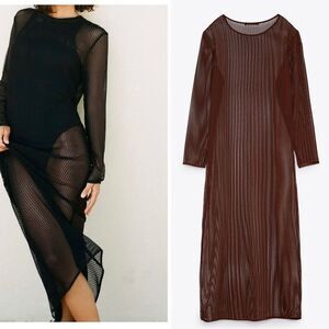 Zara brown Long sleeve mesh stretchy dress Sz S-M NWT